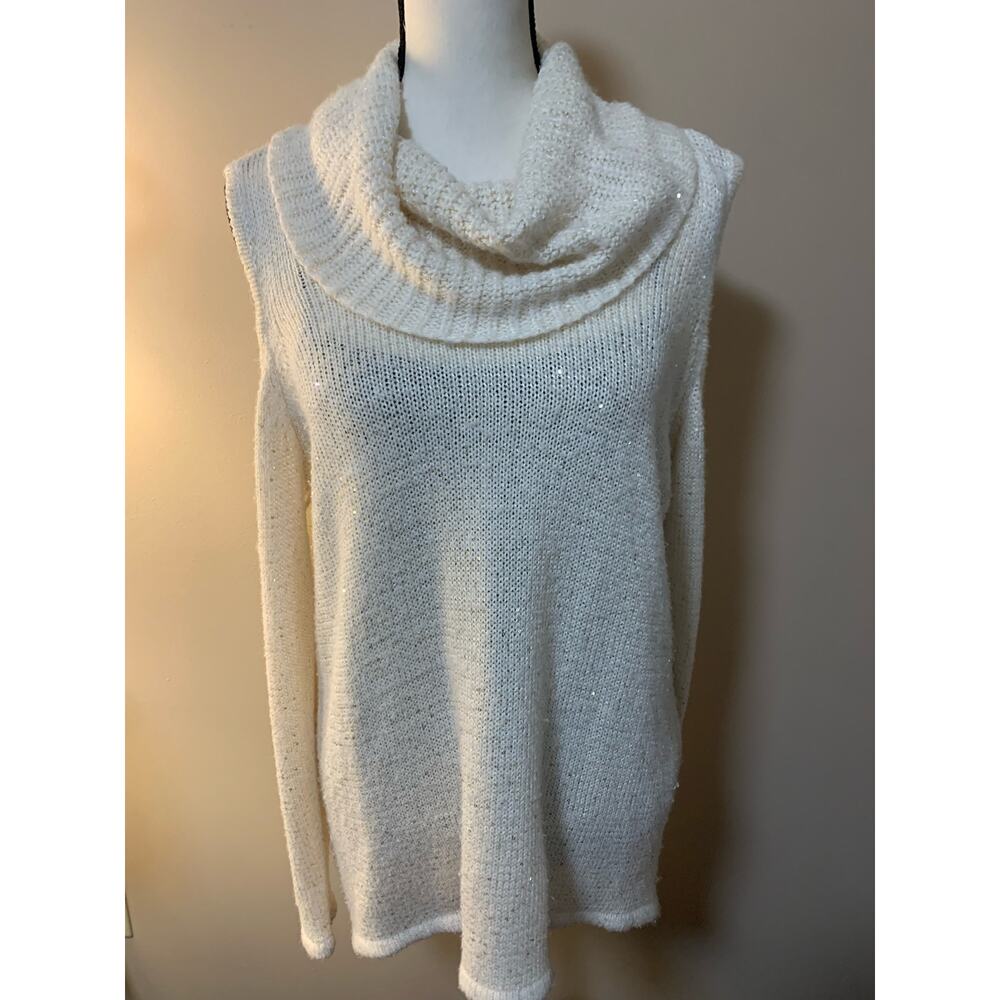 Design History - Cowl Neck Open Shoulder Knit with Gold Accent Sweater - Size 1X